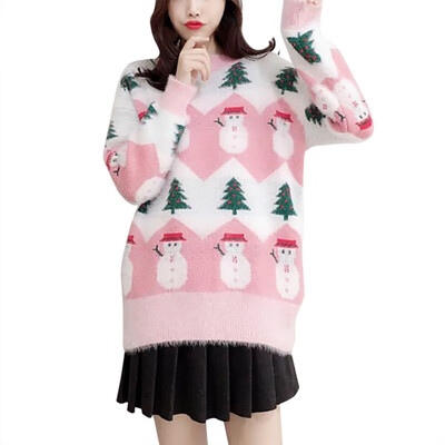 

2019 Autumn And Winter New Imitation Velvet Printed Christmas Snowman Sweater Round Neck Loose Womens Sweater