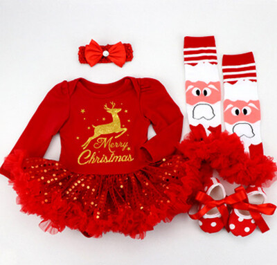 

Baby Christmas Clothing Infant Newborn Baby Girl Santa Dress Romper Headband Legging Warmer 1pair Shoes 4Pcs
