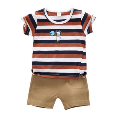 

Baby Boys Short Sleeve Cartoon Stripe Print Tops Blouse T-shirtShorts Children Casual Outfits Sets