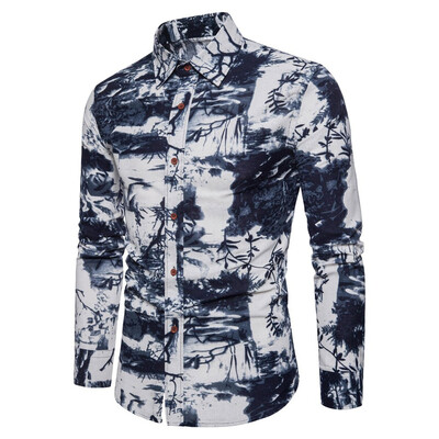 

Tailored Men Casual Printing Vintage Slim Long Sleeve Dress Shirt Blouse Tops