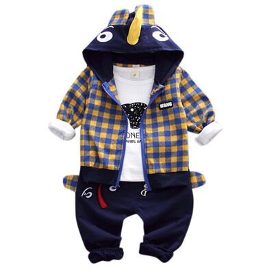 

New Autumn Baby Boys Blouse Pants Sets Long Sleeve Letter Print TopsPlaid Hooded CoatPants Trouser Costume Set