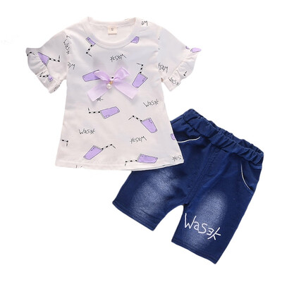 

Summer Childrens Sets Baby Girls Short Sleeve T-Shirt Pants Set Casual Denim Pant 2 Pcsset Girls Clothes Set Summer