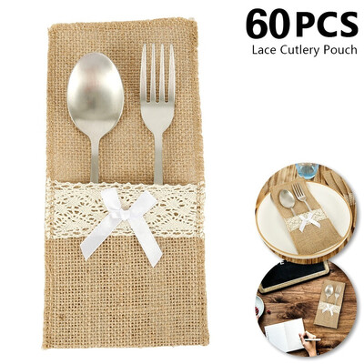 

204060pcs Burlap Lace Cutlery Pouch wedding Tableware Party decoration holder Bag Hessian Rustic Jute 11cm x 22cm