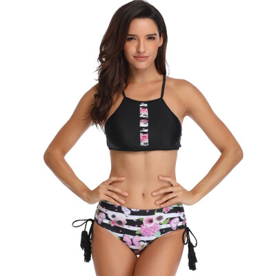 

New fashion 2019 Female Girl Ladies Swim Suits Sexy Print Black Colors  Woman Mini Suits Hollow out Woman Sleeveleess