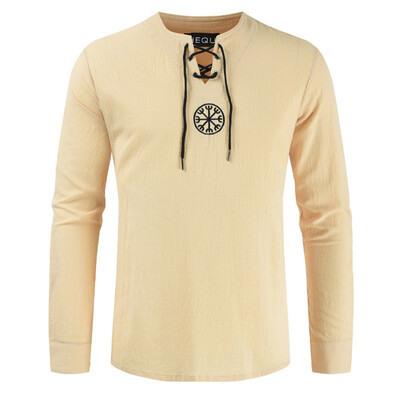 

New Men Medieval Shirt Long Sleeve Ancient Viking Embroidery Bandage Shirt Blouse Tops Retro Cosplay Costume