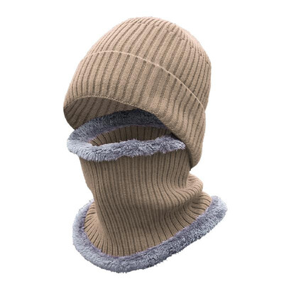 

2 PCS Hat Scarf Set Thermal Windproof Ribbed Knitted Beanie Neck Warmer Set for Men Women