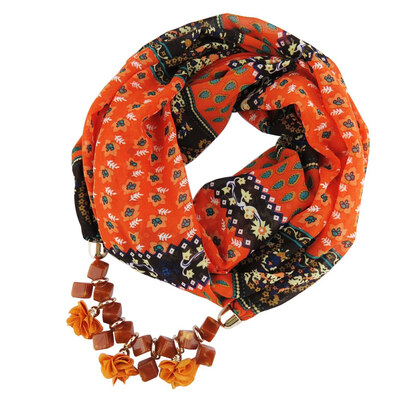

New Geometric Beads Necklaces Printing Flowers Pattern Wrap Chiffon Statement Scarf Necklace For Women Bohemian Jewelry