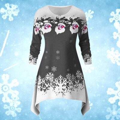 

Gobestart Christmas Womens Long Sleeve Santa Claus Tree Snow Print Christmas Dress