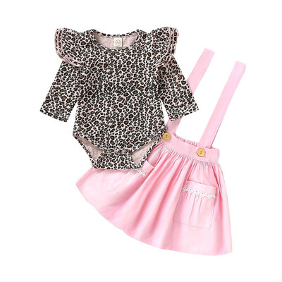 

Newborn Baby Girl Romper Autumn Long Flare Sleeve Leopard Rompers Strap Skirts Costume Sets
