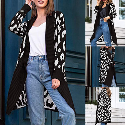 

Toponeto Fashion Women Winter Long Sleeve Leopard Print Sweater Knitted Cardigan Coat
