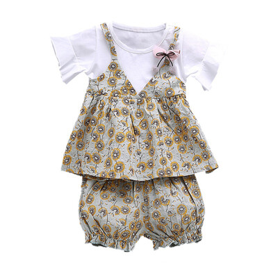 

Children Girls Cotton Clothes Casual Summer Fake 2 Piece Short Sleeve Floral Print T-shirtShorts Fashion Suits 2Pcs Costume Set