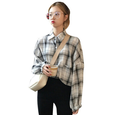 

Korean Style Women Fashion Lantern Long Sleeve Plaid Pockets Blouses Shirts Female Casual Loose Blouse Tops Women Shirt Coat