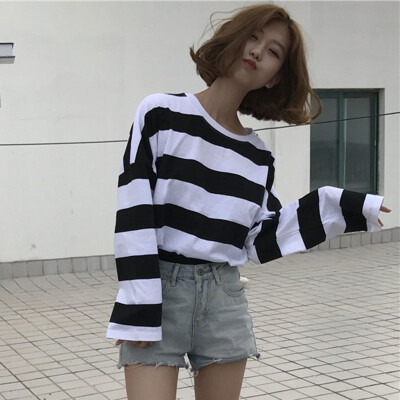 

2019 Spring Women T-Shirt Stripe Printed Loose Base Casual Long Sleeve O-Neck Tees Tops Ladies Girl 3 Colors Tops Tee