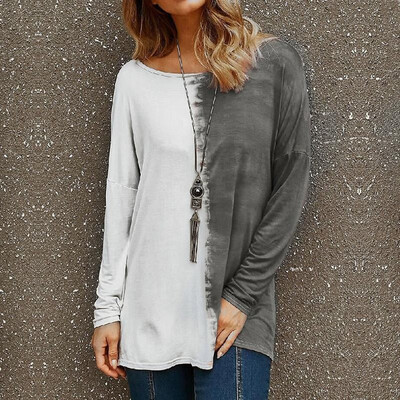 

Fashion Women Oversized Backless T-shirt Blouse Splicing Print Long Sleeves Loose Tees Casual Tops