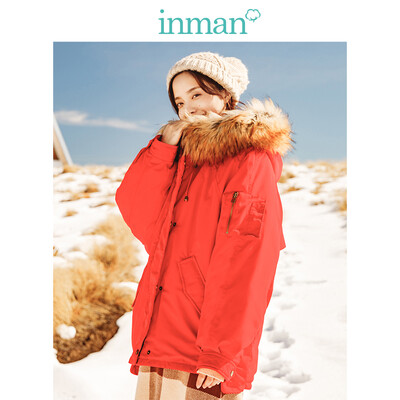 

INMAN 2018 winter new hooded big fur collar loose casual short down jacket female 18841VP22184 red