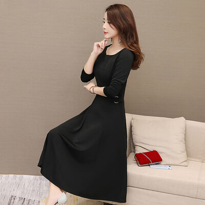 

Temperament Women Dress Autumn Winter Sexy Round Dress Neck Over The Knee Long Sleeve Sexy Simple Solid Color Slim Dress