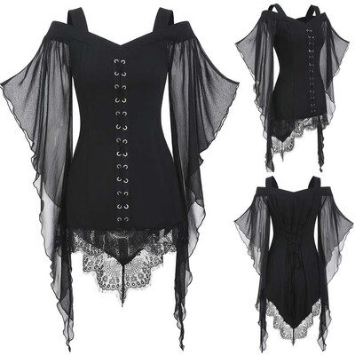 

Gobestart Women Gothic Criss Cross Lace Insert Butterfly Sleeve T-shirt Plus Size Tops