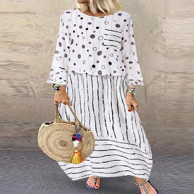 

Contrast Polka Dots Stripe Printed Pocket Long Sleeve Hem Maxi Dress