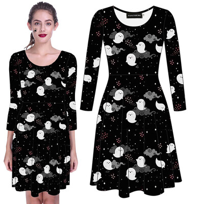 

AKlamater Womens Funny Spider Web Pumpkin Ghost Skull Print Dress Halloween Long Sleeve Dress