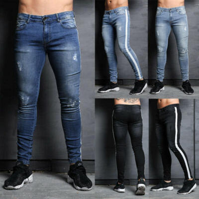 

US Slim Destroyed Stretchy Ripped Skinny Biker Jeans Men Taped Fit Denim Pants Z