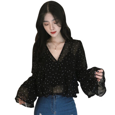

Korean Summer Blouse Woman Spring V-Neck Ruffles Perspective blusas Dot Print Long Sleeve Womens Tops And Blouses Harajuku