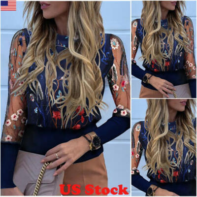 

Women Ladies Puff Mesh Sleeve Tops Pullover Sweater Blouse Loose Jumper Tops US