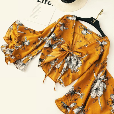 

Womens Short Blouse Flare Sleeves Floral Print V Neck Shirt Summer Sunscreen Beach Blouses