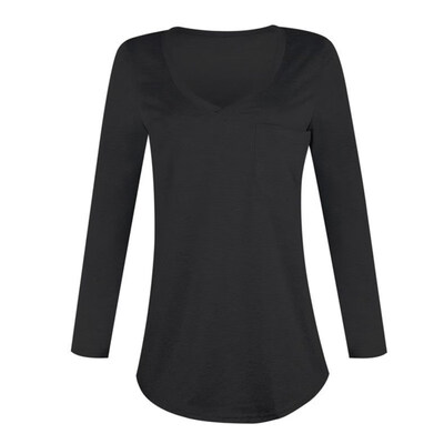 

Sexy Women Solid Color Deep V Long Sleeve Top Front Pocket Loose Tunic T-shirt
