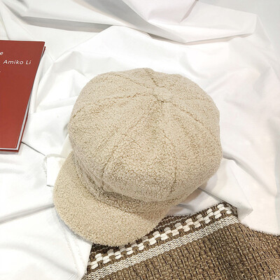 

Hat Female Autumn&Winter Thickened Warm Octagonal Cap Korean Edition Lovely Lamb Flannel Beret Student Simple Duck Tongue Cap