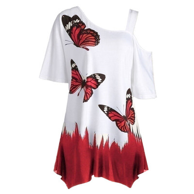 

Plus Size Women Butterfly Print T-shirt Cold Shoulder Short Sleeve Tunic Tee Top