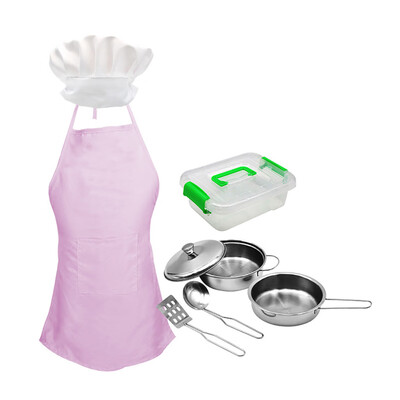 

Tailored 8pcs Girls Cooking Apron Hat Stainless Steel Pot Set Kitchen Role Play Toy Kids