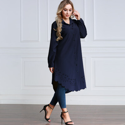 

Women Plus Size Shirt Dress Burning Flowers Hollow Out Irregular Hem Belted Casual Tunic Long Blouse Top