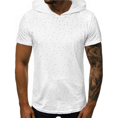 

Toponeto Mens Hooded Hole Striped Pattern Casual Fashion Lapel Short Sleeve Shirt