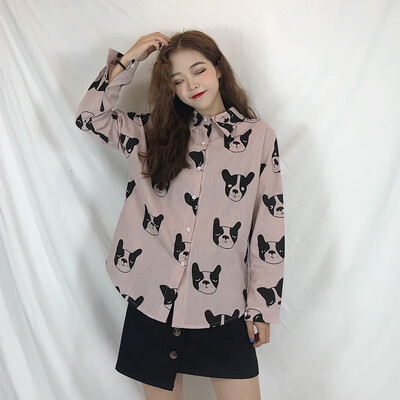 

Harajuku Ins Summer Women Blouse Retro DOG Print Loose Long Sleeve Shirt 2019 New Fashion Shirt Female