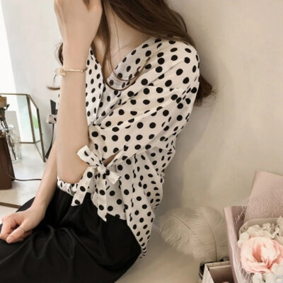 

EFINNY Casual V Neck Top Women Chiffon Blouse Half Sleeve Black Polka Dot Shirt Autumn Bow Plus Size Blusa Feminina