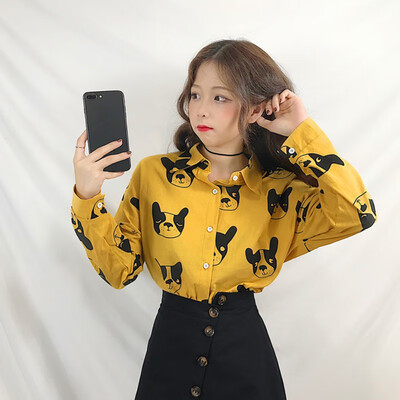 

Harajuku Ins Summer Women Blouse Retro DOG Print Loose Long Sleeve Shirt 2019 New Fashion Shirt Female