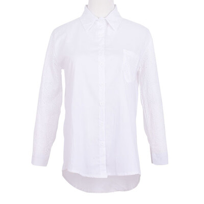 

Women Cotton OL Tops Hollow Out Long-sleeved Turn-down Collar Button Loose Blouse