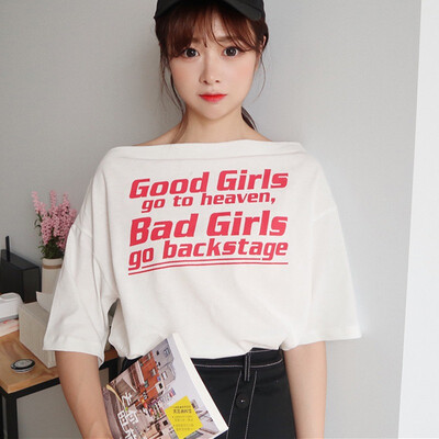 

Women T shirt Letter Printing Top Tee Casual Half Sleeve Slash Neck Women Clothing