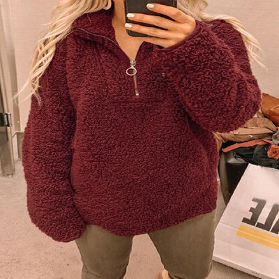 

Solid Zipper Dual Pockets Lapel Long Sleeve Teddy Top