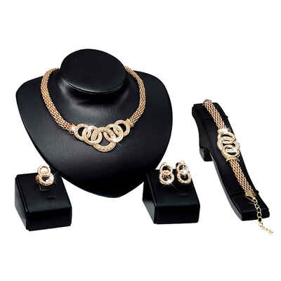 

Allergy Free Jewelry Set 18K Gold Plated Shinning Wide Necklace Crystal Earrings Bracelet Ring