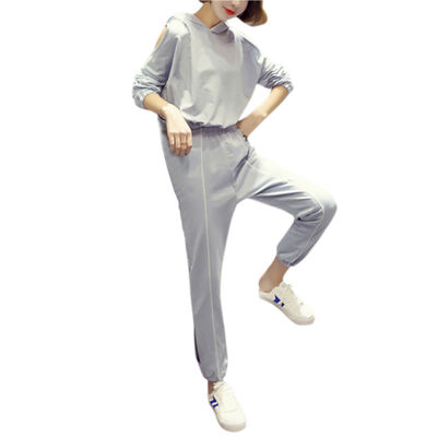 

Women Casual 2 Pieces Athletic Off Shoulder Hooded Long Sleeve Pullover Long Pant Sportswear Sweatpants Women Set Autumn