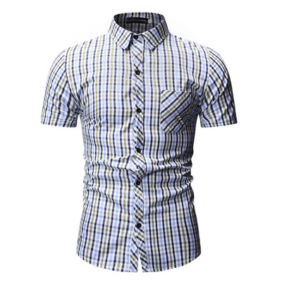 

Tailored Mens Summer Plaid Stripe Pocket Slim Fit Short Sleeve Top Shirt Blouse