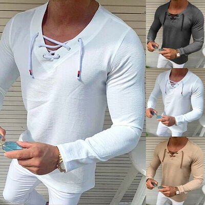

Mens Plain Long Sleeve T Shirt Tops Casual V Neck Slim Fit Autumn Tee Blouse