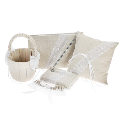

5pcsset Vintage Burlap Lace Wedding Supplies Satin Flower Girl Basket Ring Bearer Pillow Guest Book Pen Holder Bride Gart