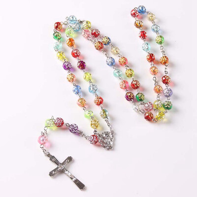 

Rosary Beaded Religious Necklace Acrylic Rose Flower Beads Cross Pendant Necklace Women Jewelry