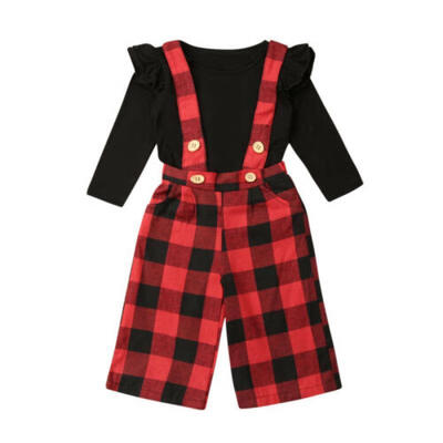 

UK Kids Baby Girl Casual Outfits Clothes Long Sleeve TopsPlaids Bib Pants 2Pcs