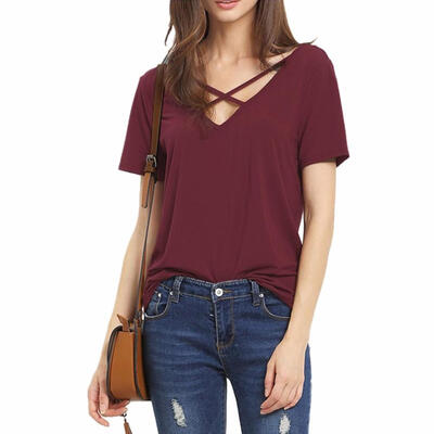

Solid Color Women Summer T-Shirt V-Neck Strap Cross Bandage Loose Tank Tops
