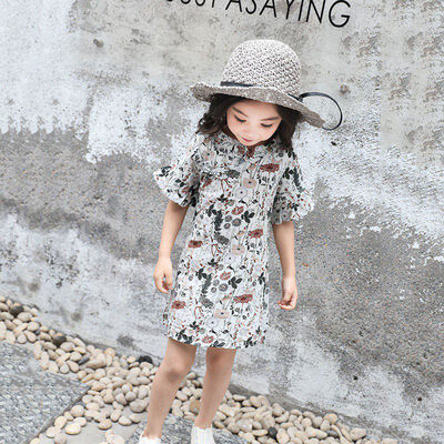 

3-8 years Summer New Fashion Baby Girls National Wind Floral Print Cheongsam Style Dress Casual Dress