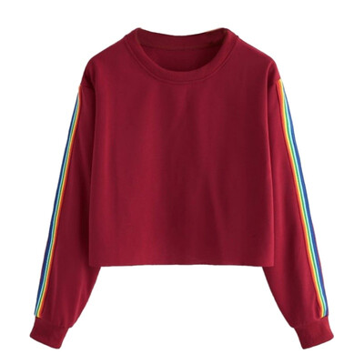 

Women Autumn Winter O-neck Plus Size Loose Long-sleeved Short Color Strip Sweatshirt Sweet Tops