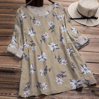 

EFINNY Elegant Long Sleeve Womens Cotton Linen Tops Blouses Vintage Floral Printed Summer Boho Beach Shirts Loose Blusas Mujer